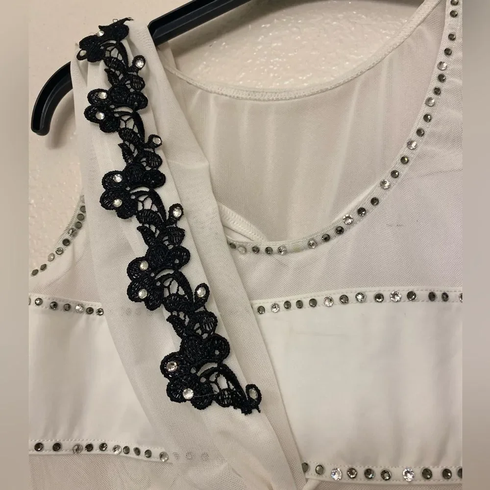 WEISSMAN Balera custom Dance white black Costume Mesh Drape Dress D11450 SA